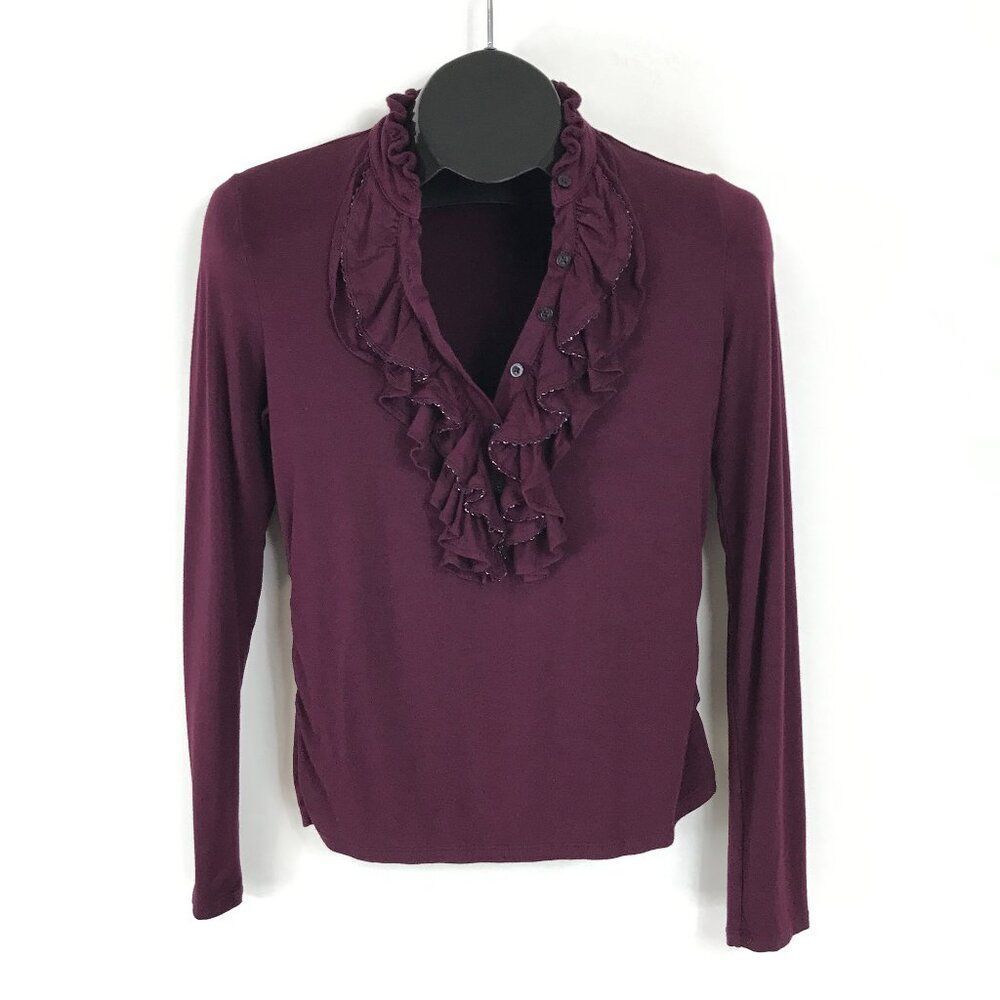 Lauren Ralph Lauren Ruffle Henley Top Women's Petite Small Burgundy Beaded Knit